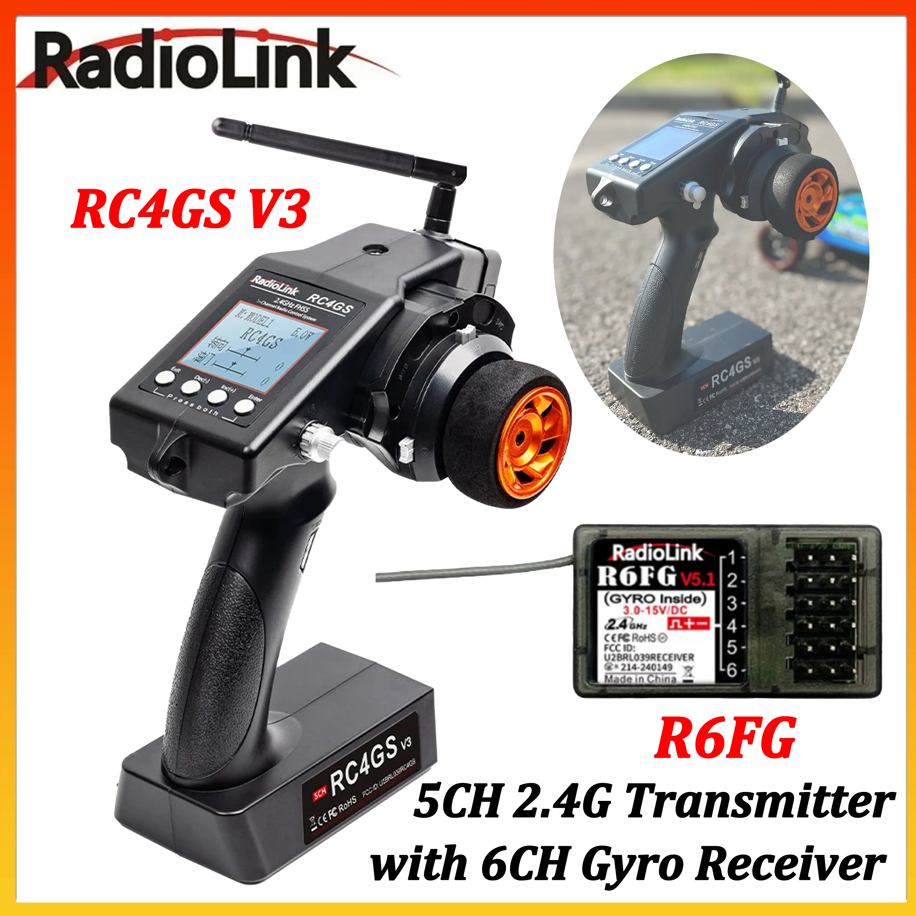 

HOTRC 5CH 2.4GHz Radio Transmitter RC4GS V3 Remote Controller with R6FG Gyro Receiver for RC Car Tank Boats Ship Model Axial