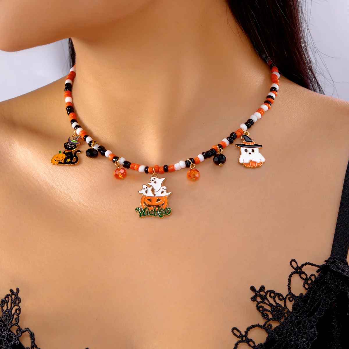 Halloween Necklace Spider Web Bat Heart Ghost Black Cat Pumpkin Pendant Bead Gothic Jewelry For Women Men Party Accessories Gift