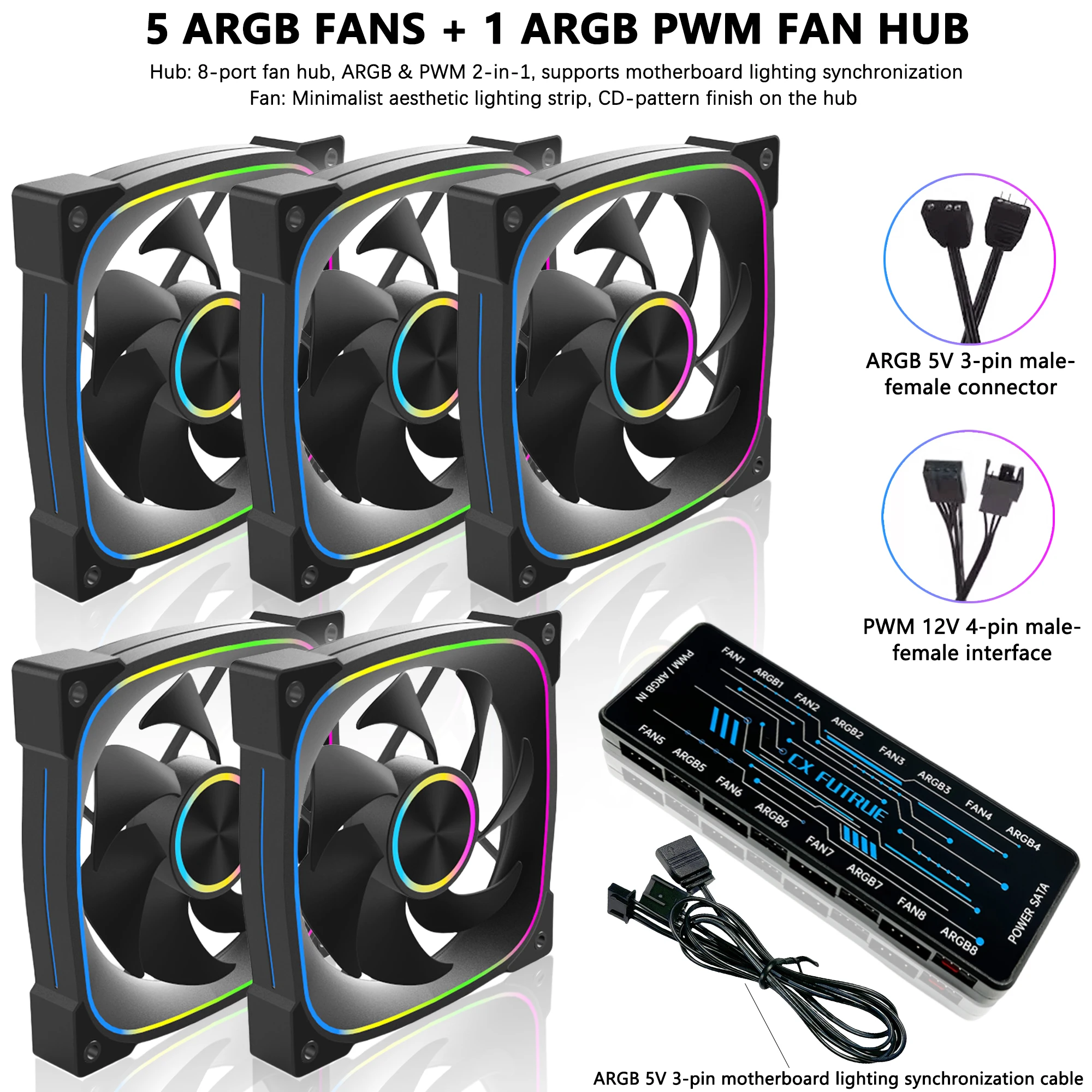 5 Pack 120mm ARGB PWM PC Case Fans With 8-Port 2-in-1 ARGB PWM Fan Hub SATA Power 5V RGB Sync Gaming Chassis Cooling Fan Kit