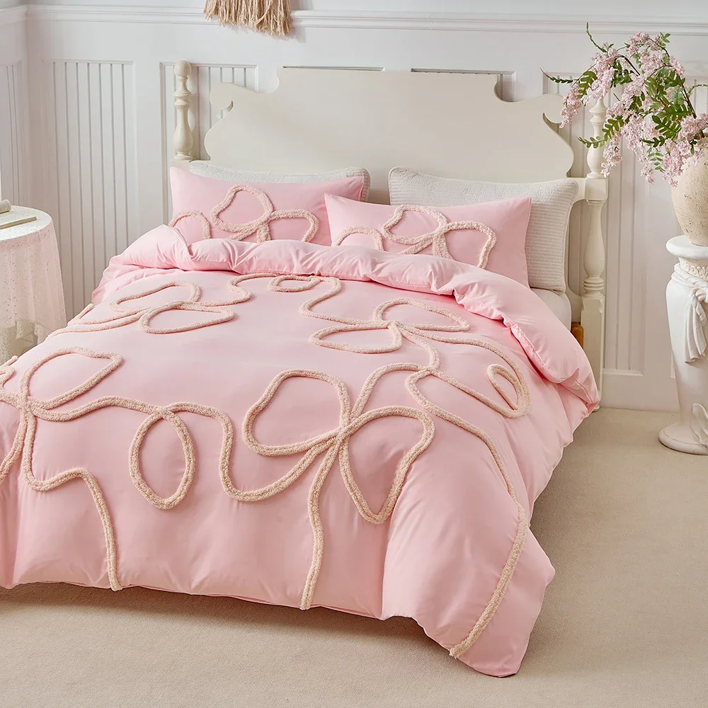 New Tufted Cut Flower Duvet Cover Set Pink Bow-knot Tufting Blanket Cover and Pillowcase Comfortable Skin-Friendly Quilt Cover