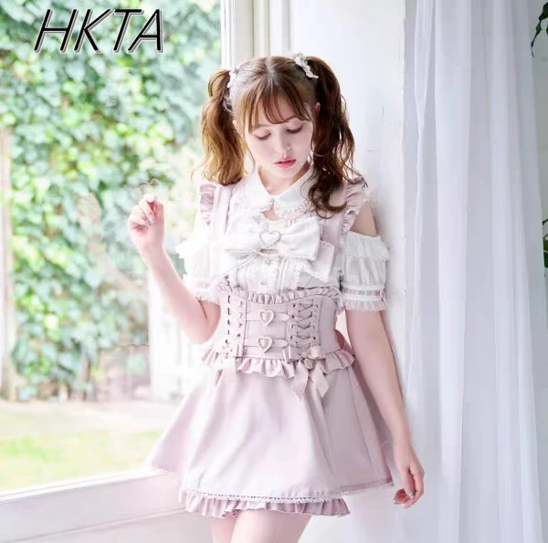 Liz Skirt Set Women Japanese Sweet Cute Lace Bow Ruffle Removal Leather Buckle Strap Skirt Women Sweet Bow Short-sleeved Shirt