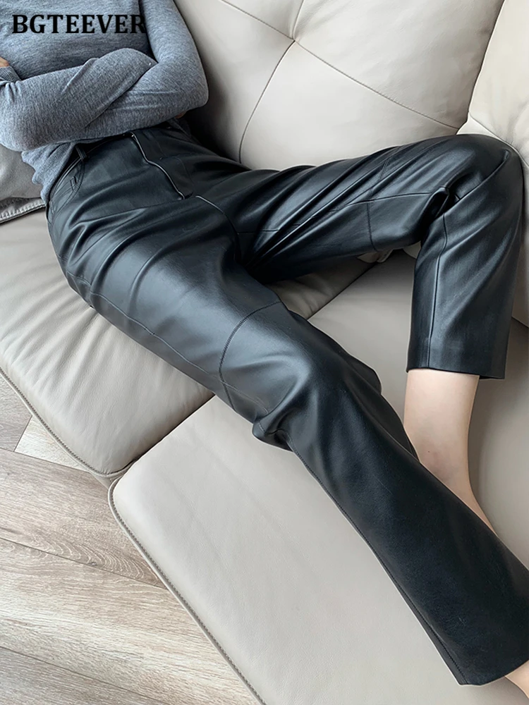 BGTEEVER Fashion Loose Pockets Women PU Leather Trousers High Waist Single Button Ladies Straight Pants Spring Autumn