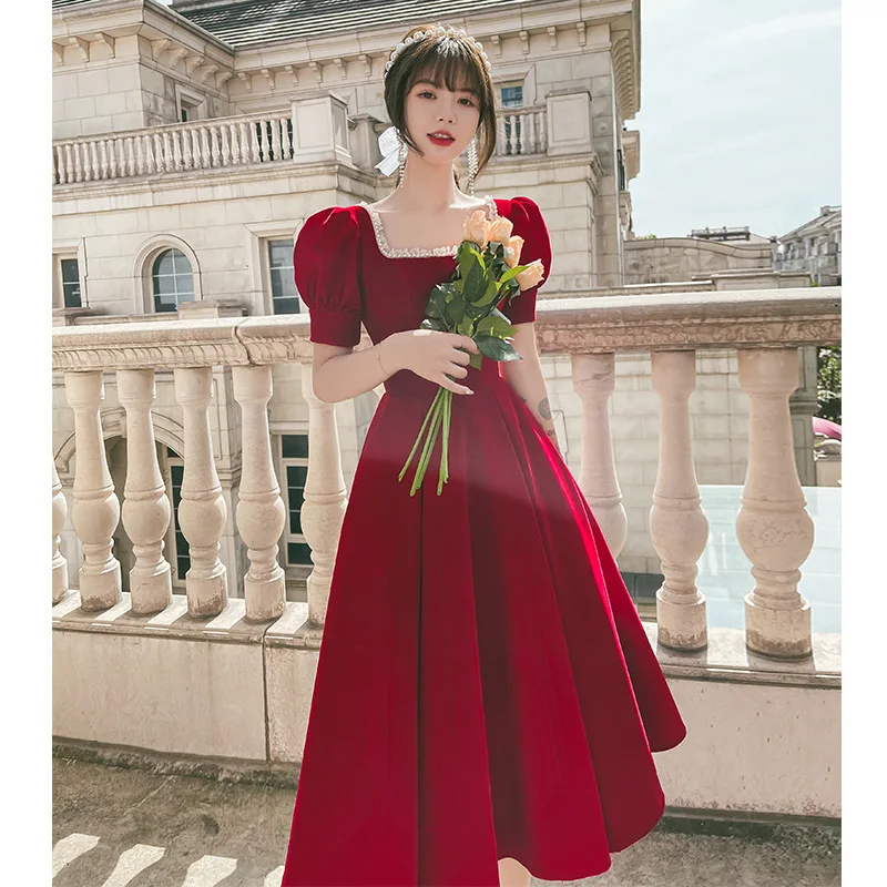 

Elegant French Style Wine Red Prom Dresses Square Collar Puff Sleeve Backless A-Line Party Gowns Female Banquet Vestidos