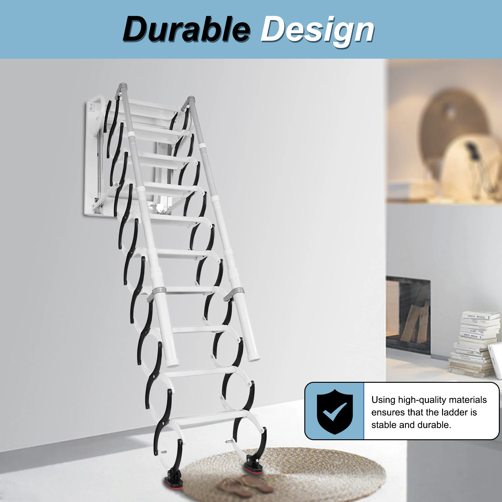 10/12 Steps 2.55-3.0M Wall-Mounted Folding Stairs with Handrails Telescopic Attic Ladder Retractable Loft Ladder for Home Indoor