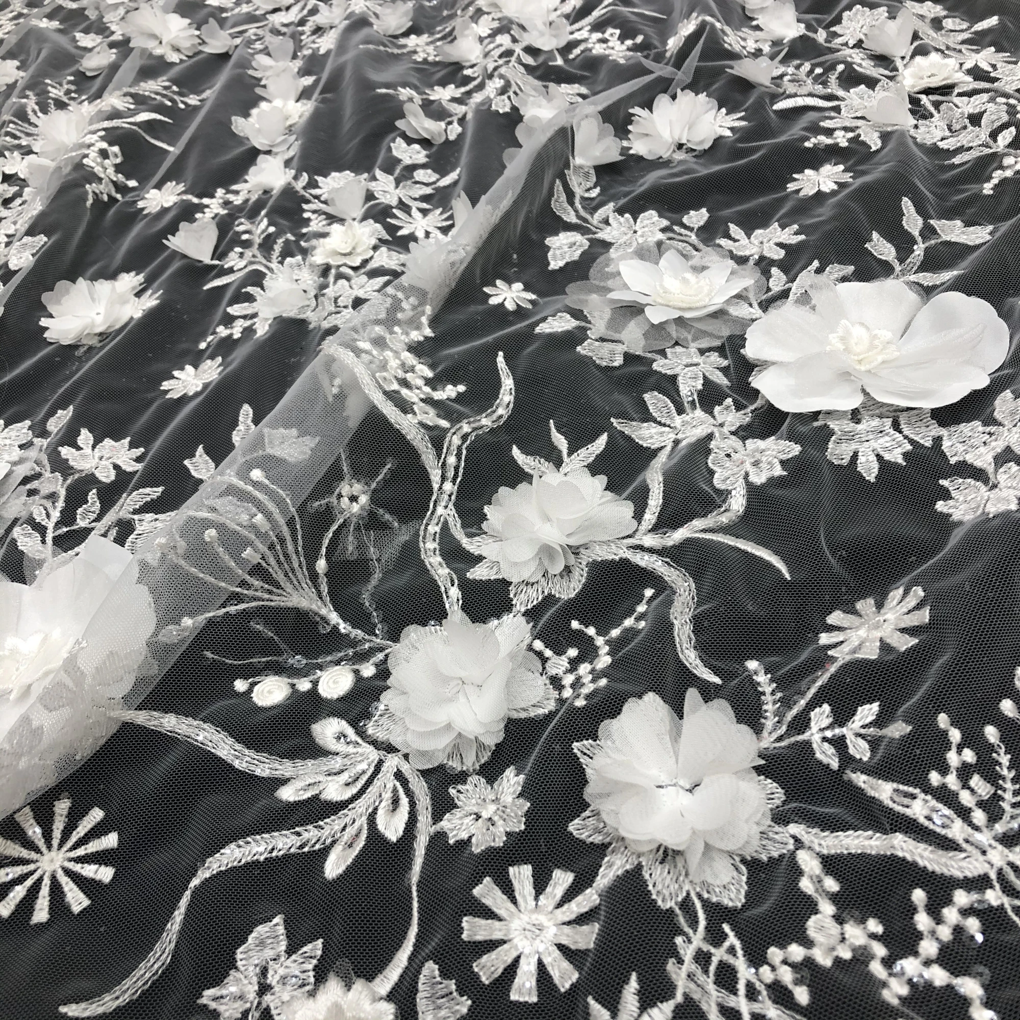 New Unique Hand-Stitched 3D Flowers Embroidered Bridal Wedding Lace Fabric, Private Custom Fabrics