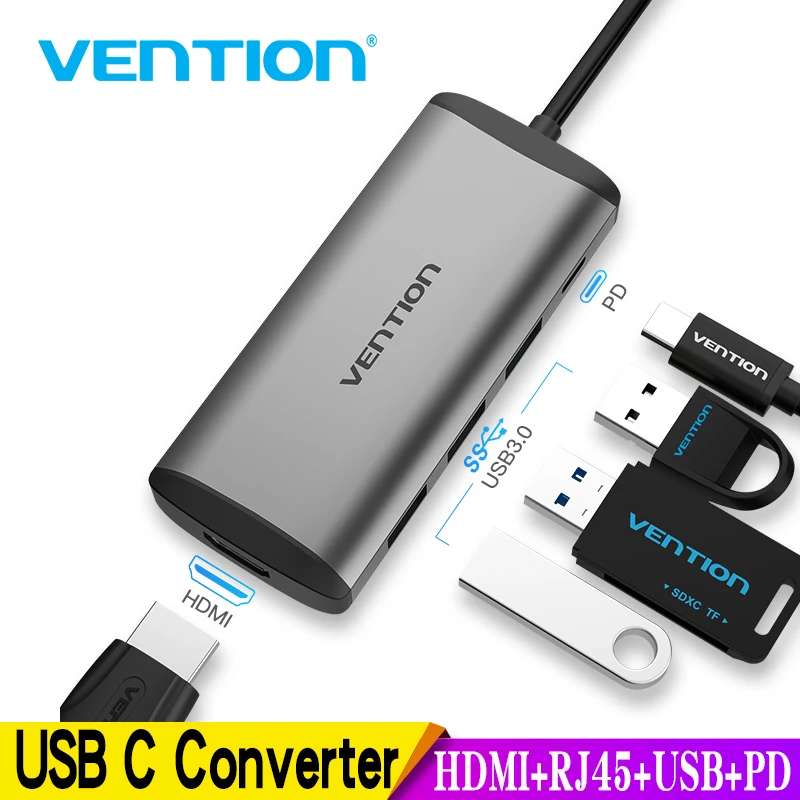 Vention Thunderbolt 3 Dock USB 3.0 Type C to HDMI USB Hub RJ45 Adapter for MacBook Pro Huawei P30/P20 Samsung usb c Adapter NEW