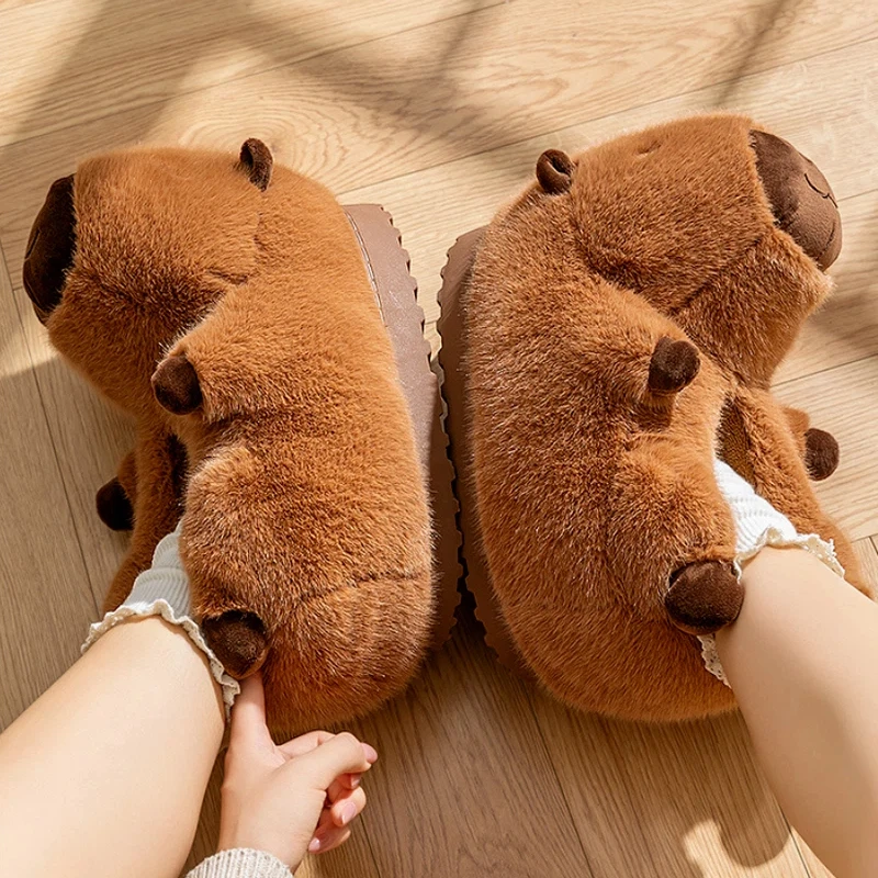 2025 New Capybara Plush Slippers Winter Warm Fluffy Fleece Lined Thick Sole Anti Slip Wrapped Heel Indoor Home Cute Cotton Shoes