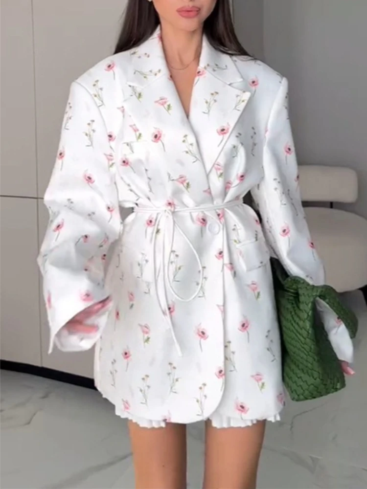 

Women's Fashion Spring and Summer New Loose Long Sleeve Lapel Printed Notched Lapel Belted Waist Casual Suit Jacket