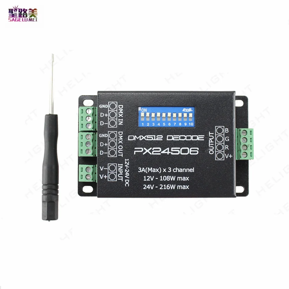 

PX24506 DMX 512 Decoder Driver DMX 3CH X 3A Amplifier 108W-216W12V 24V DC LED DMX512 Controller For RGB LED Strip Lights Tape