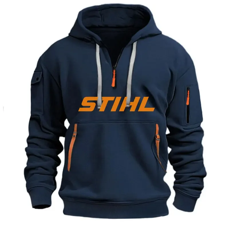 Stihl Men's hooded sweatshirt casual sports pullover retro Harajuku long sleeved zipper multiple pockets casual loose jacket