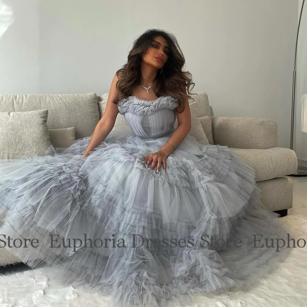 Dreamy Prom Dresses for Ladies Tulle A-line Homecoming Dress Light Blue Strapless Ruched Pleat Cascading Ruffles Birthday Dress