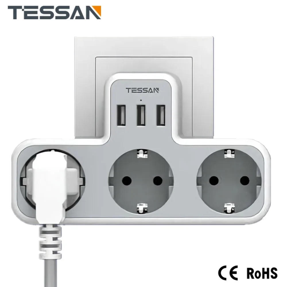 

TESSAN European Plug Power Strip Multi-tap with 3 USB Ports 3 Way Sockets EU Multi Outlets Extender Wall Socket Adapter Charger