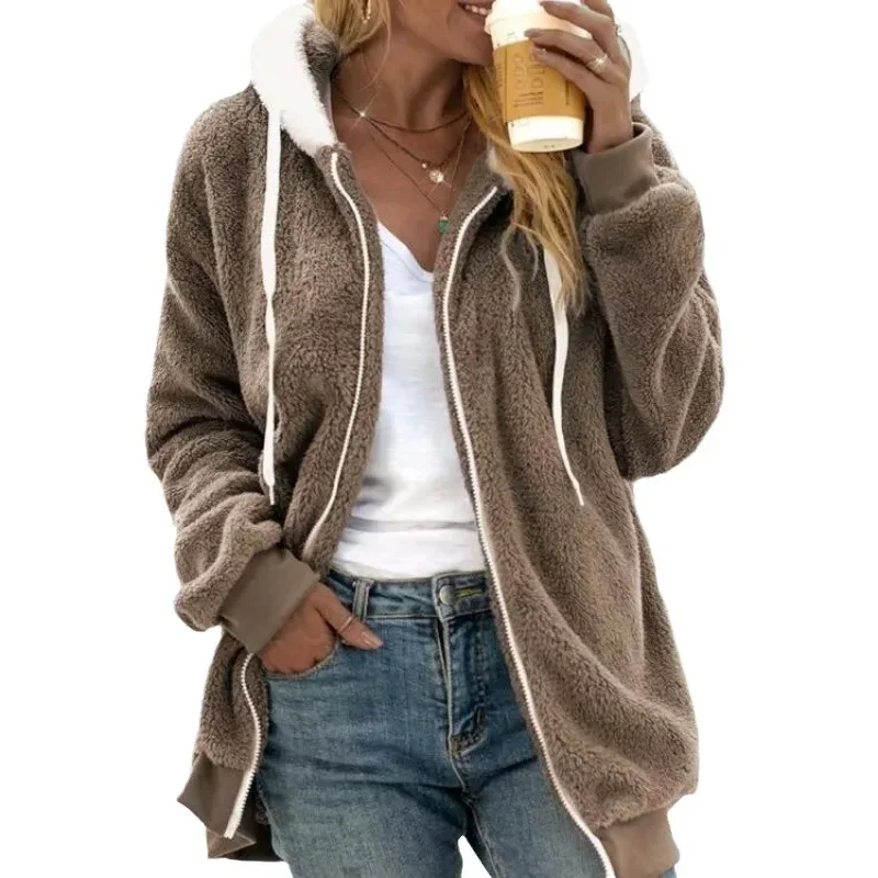 Women Autumn Winter Loose Plush Zipper Hooded Jacket Coat Warm Fashion Casual Jacket Outwear