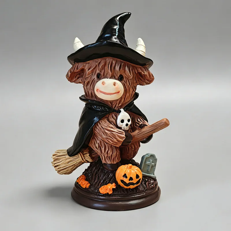 New Cross-Border Halloween Magic Witch Highland Cow Home Gift Broom Pumpkin Atmosphere Decoration Resin Ornament