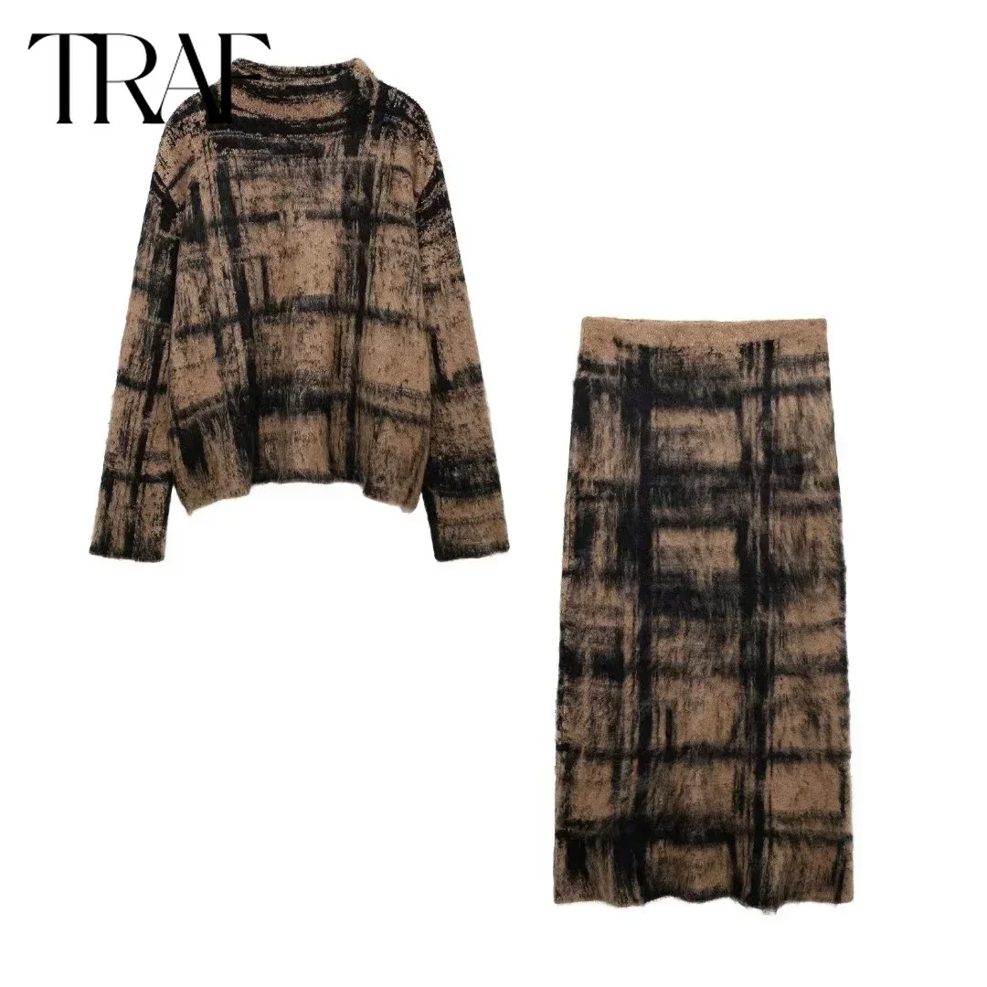 TRAF Knitted Jacquard Two Pieces Set for Women Fashion Autumn Winter  New Plaid Long Sleeved Sweater Female High Waist Skirt