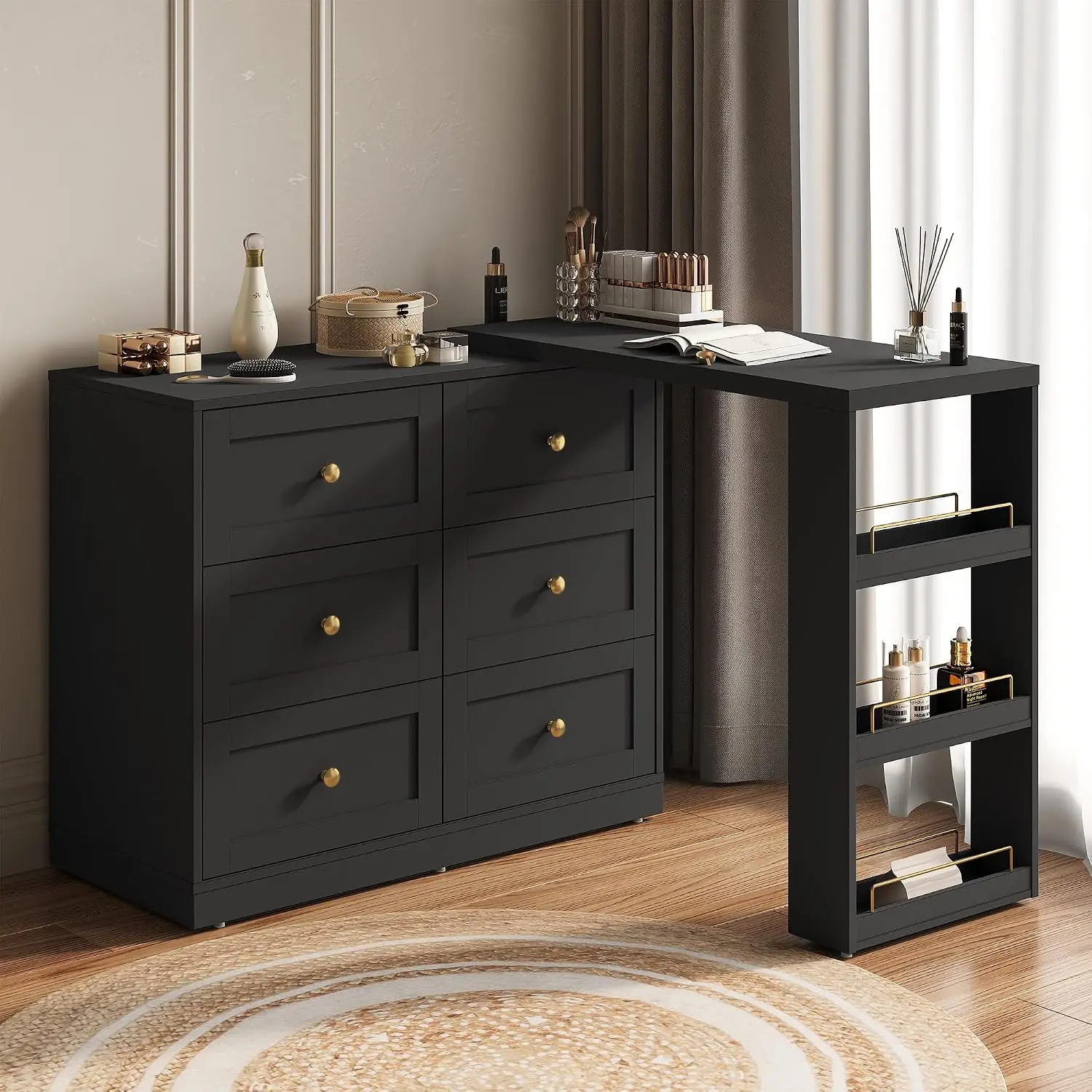 Extendable Vanity Desk with 6-Drawer Dresser & 3 Side Shelves, Wood Corner Makeup Table for Bedroom, 67