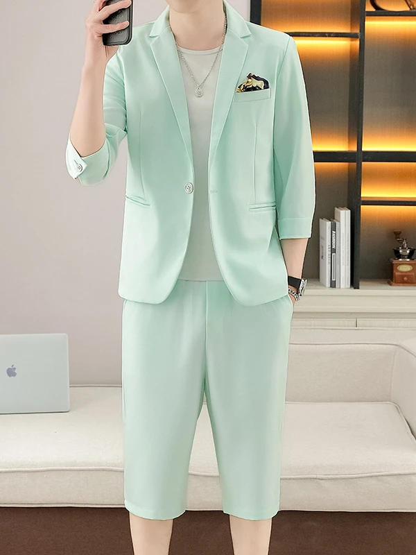 

Summer New Faion Men's Casual Suit Set Thin Seven-Quarter Sve Best Man ort Pants Set Sli Ci Sle Slim Fit Suit