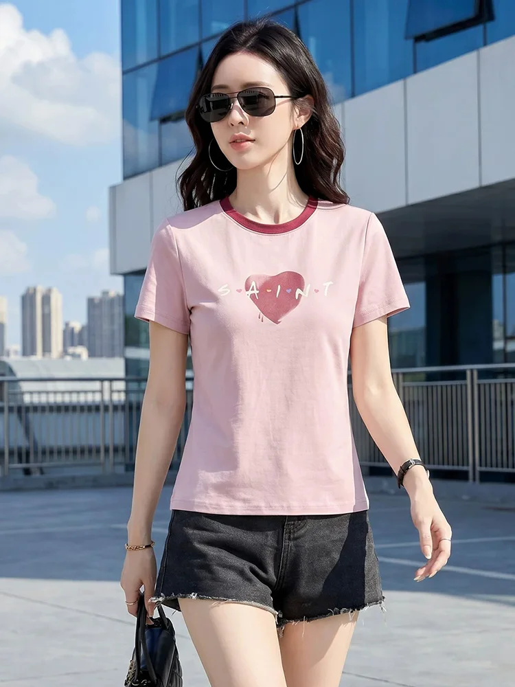New Women Print Short Sleeve T-shirt Summer Fashion Contrast Color O-Neck Slim T-shirt Casual Simplicity Daily Pullover T-shirt