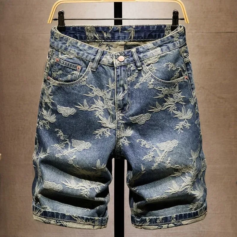 

Summer New Fashion Print American Retro Straight Fit Denim Shorts for Men - Loose Casual High-Quality Sports Shorts 28-36
