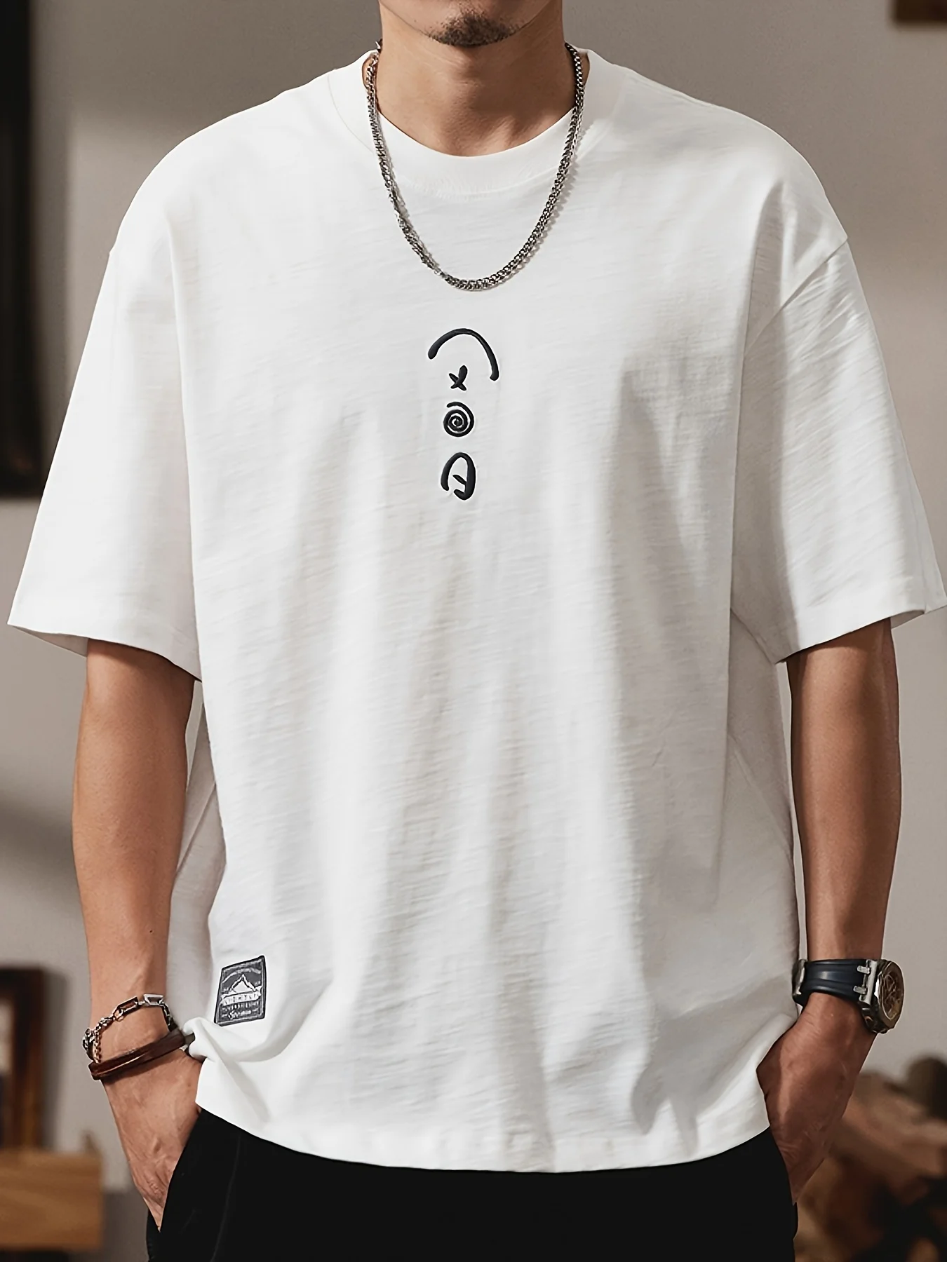 Men Cotton T-Shirt with Music Note Headphone Graphic Chest Print Breathable Summer Casual Round Neck Long Sleeve