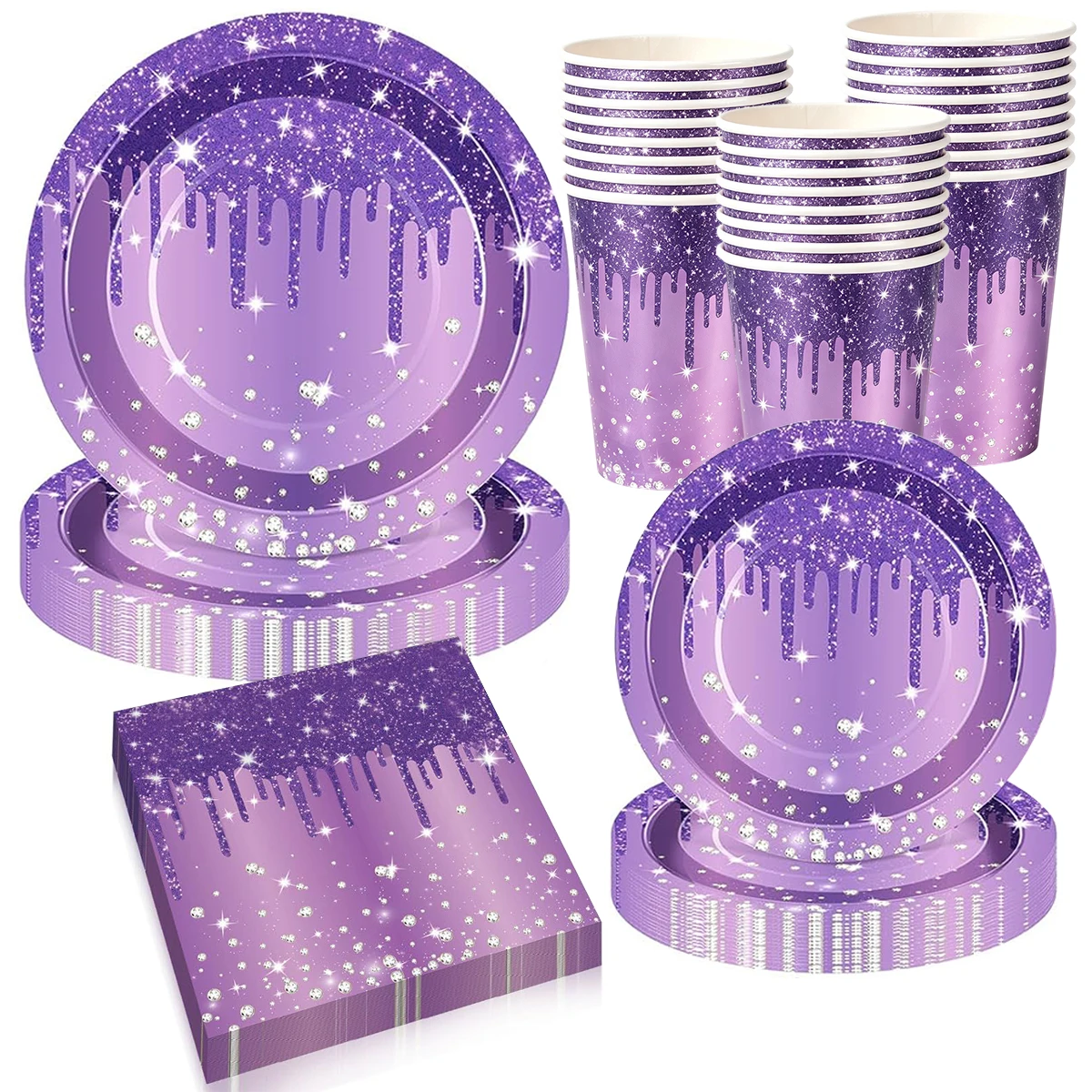 Purple Glitter Diamond Disposable Party Tableware Set Paper Plates Cups Napkins for Birthday Wedding Anniversary Party Supplies