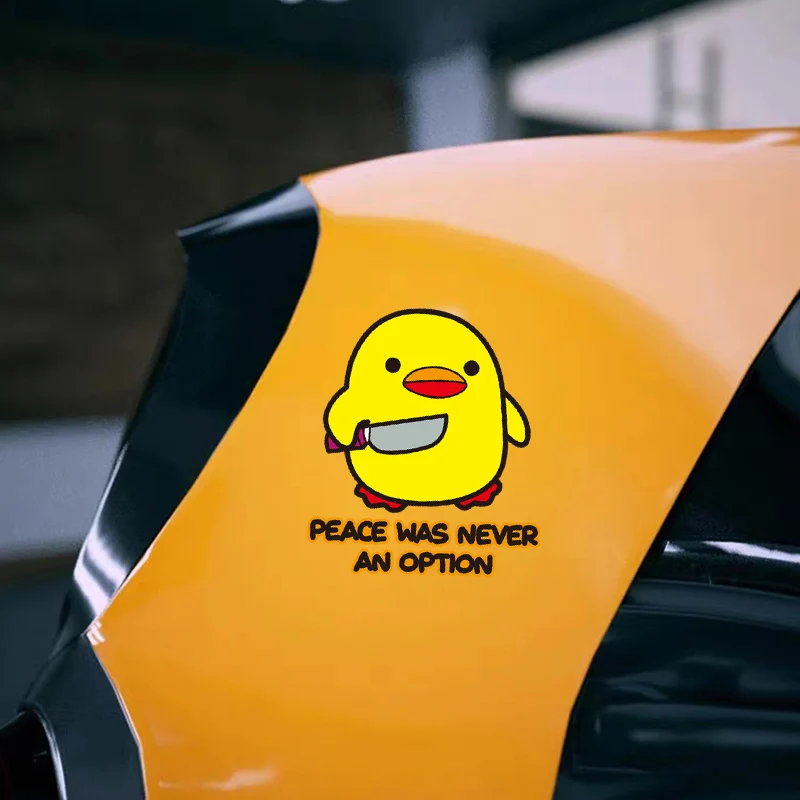 1 Stück lustiger gelber Enten-Aufkleber mit Messer, Aufschrift „Frieden war nie eine Option“, wasserfester Vinyl-Aufkleber für Auto, Motorrad, Laptop, Dekoration