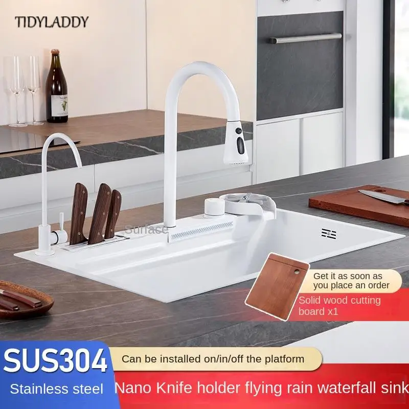 Multifuncional aço inoxidável cachoeira pia com escorredor, Nano White Kitchen Faucet, Novos acessórios