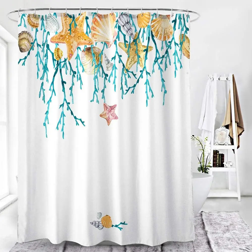 Seashore Coastal Shower Curtain Set Beach Nautical Starfish Shells Ocean Seascape Bathroom Decor Tapestry Waterproof Summer Trop