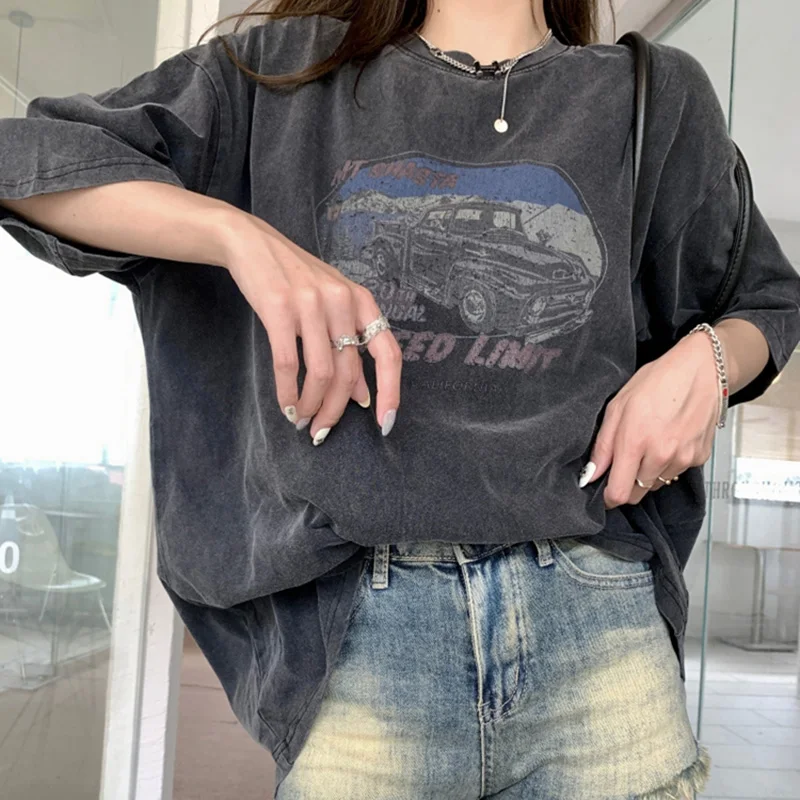 2024 letnie kobiety klasyczny Vintage bluzki typu Oversize Lady workowate wygodne t-shirty dziewczęce modne nadruk kreskówkowy ubrania z krótkim