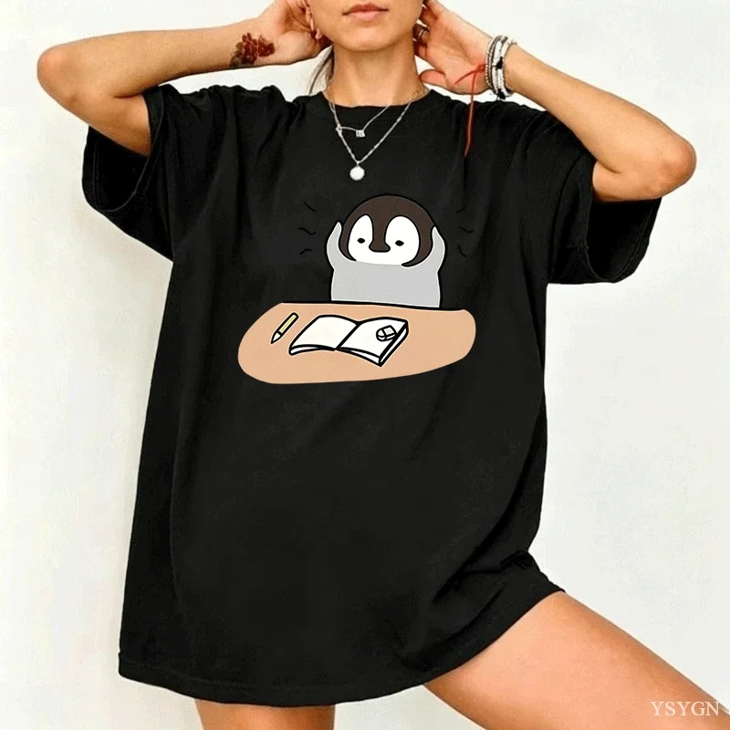 Anxious Studying Penguin Cartoon Print Women Short Sleeve Tee Match Soft Cotton Men Student Daily Casual Fashion T Shirts Tops