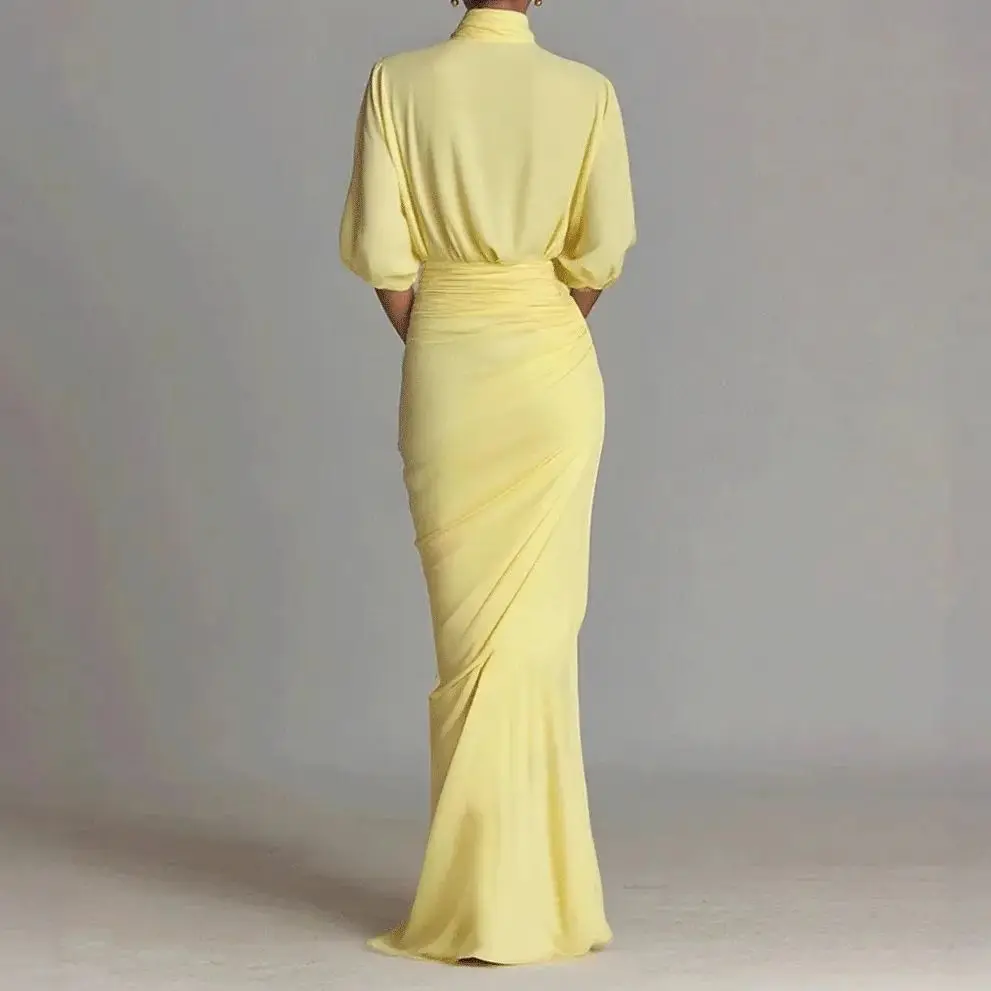 Damska sukienka maxi z golfem, rękawami trzy czwarte, wysokim stanem, marszczeniami, rozcięciem, seksowna, na studniówkę, wieczór, przyjęcie urodzinowe.