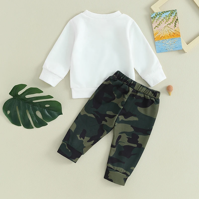 

Toddler Baby Boy Fall Winter Clothes Lette Print Crewneck Pullover Tops Solid Camouflage Pants Newborn Outfit