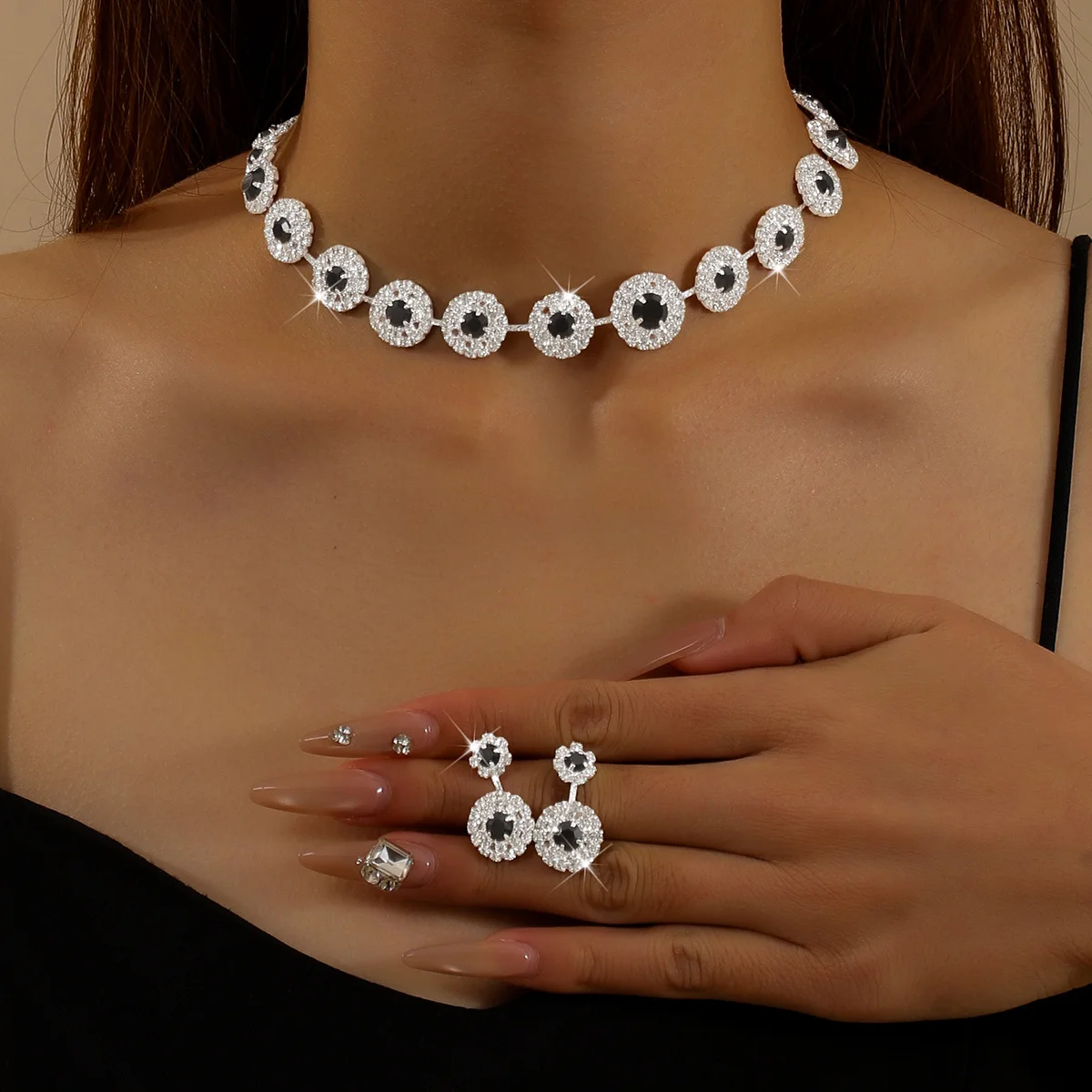 

Evening gown, wedding dress, necklace, earrings, jewelry set, full diamond flowers necklace, bridal accessories, adornments
