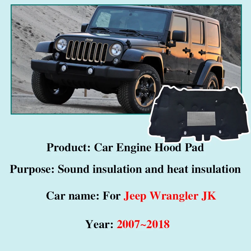 Almofadas de som para capô de motor de carro, para jeep wrangler jk 2007 ~ 2018 j8, isolamento térmico dianteiro, capas de algodão à prova de fogo, acessórios automotivos