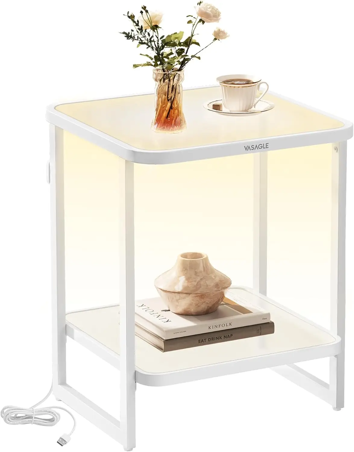 2-Tier Side Table with LED Lights, Modern Nightstand, Frosted Glass, Bottom Shelf, for Bedroom, Cloud White and Pearl White