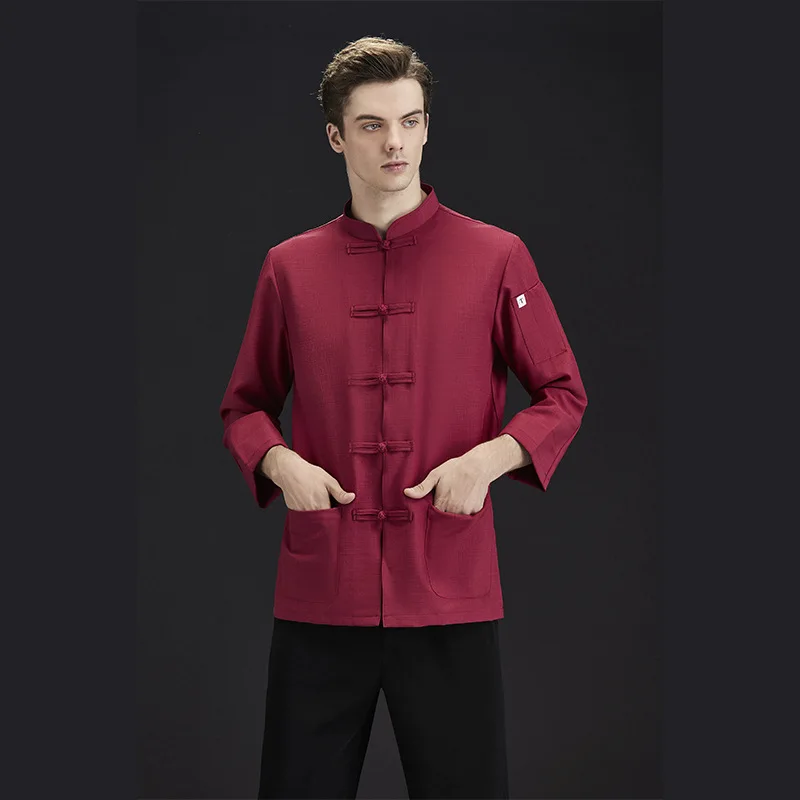 Uniforme de Chef de viento para otoño e invierno, manga larga, botón de nudo chino, algodón y lino, cocina de restaurante de Hotel para hombres, Res chino