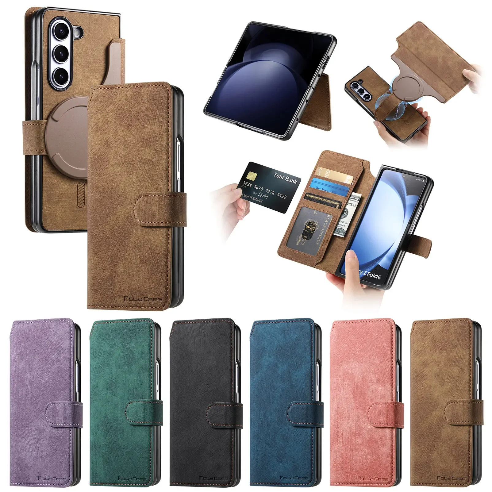 2 w 1 Odłączane karty Solt Wallet Flip Book Case dla Samsung Galaxy Z Fold 6 5 5G Fold6 Fold5 Zdejmowana torba Magnetyczna osłona — zdjęcie produktu 2