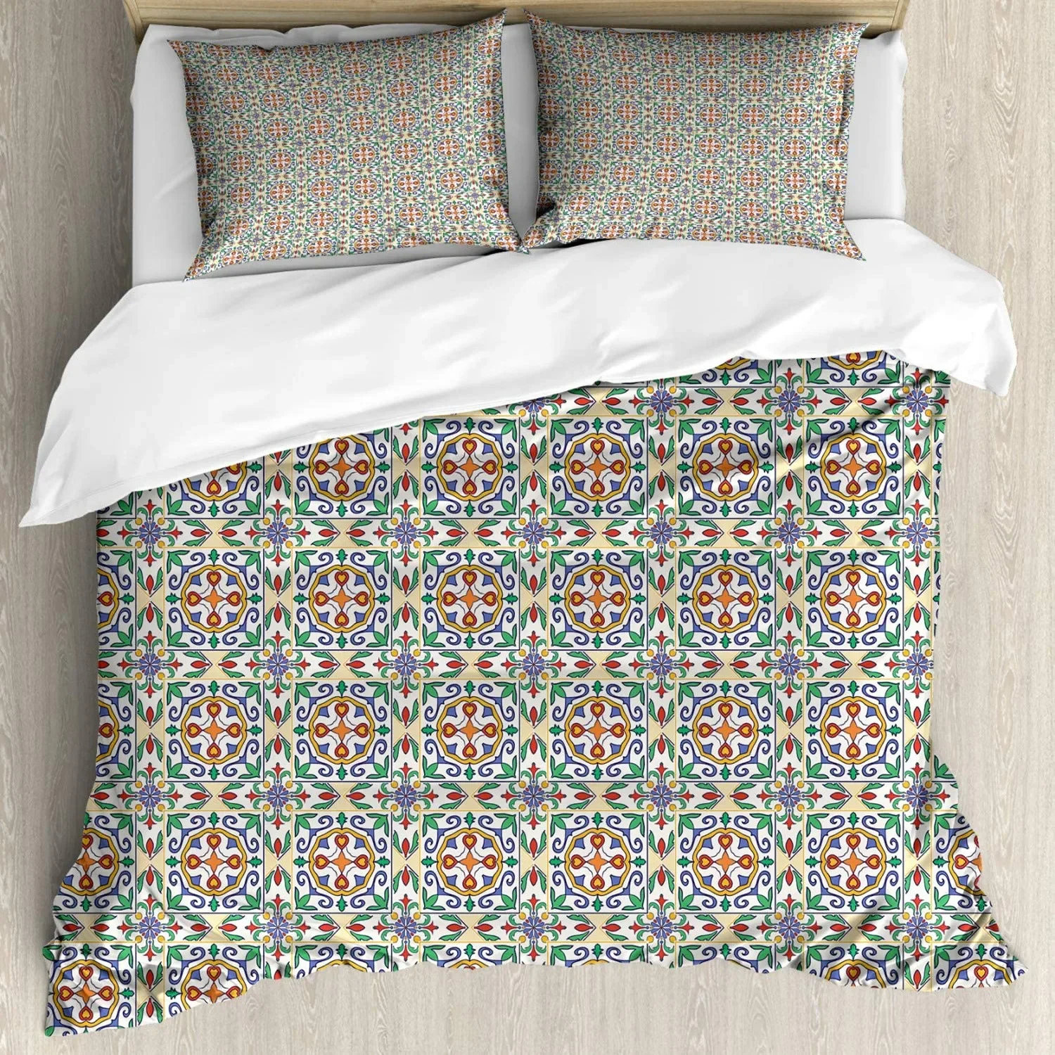 Geometric Duvet Cover Spanish Culture Inspired Ornamental Symmetric Floral Arrangement Vivid Palette Twin Polyester Qulit Cover