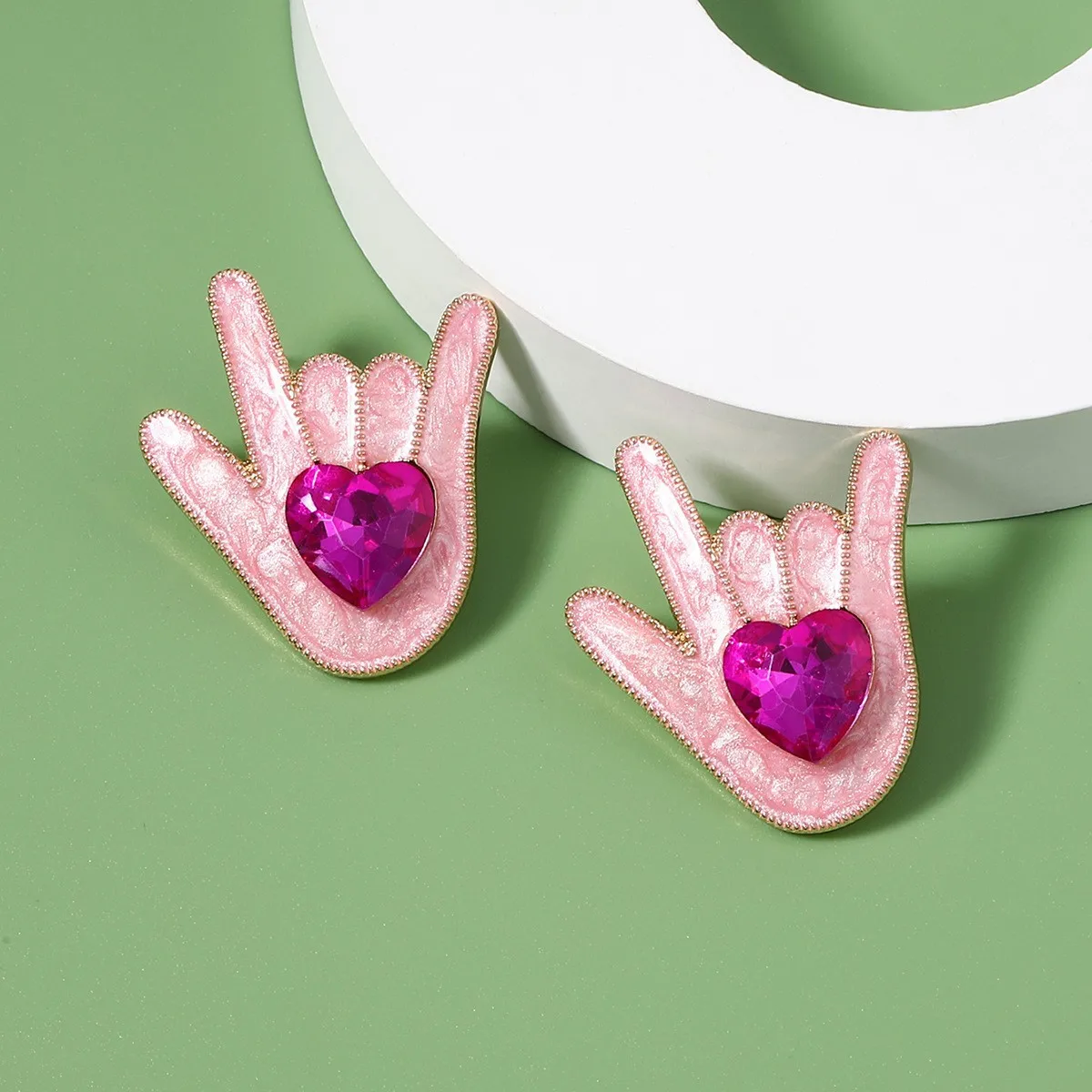 Fashion creative funny new niche exquisite finger gesture love you graphic geometric dripping oil peach heart earrings earrings
