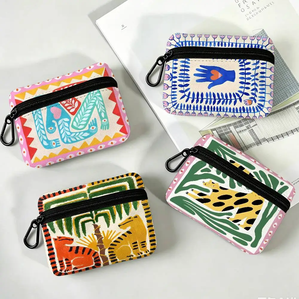 Ancient Egypt Abstract Colorful Tiger Portable Oxford Fabric Mini Wallet Carabiner Design Small Coin Bag For Cards Earphones