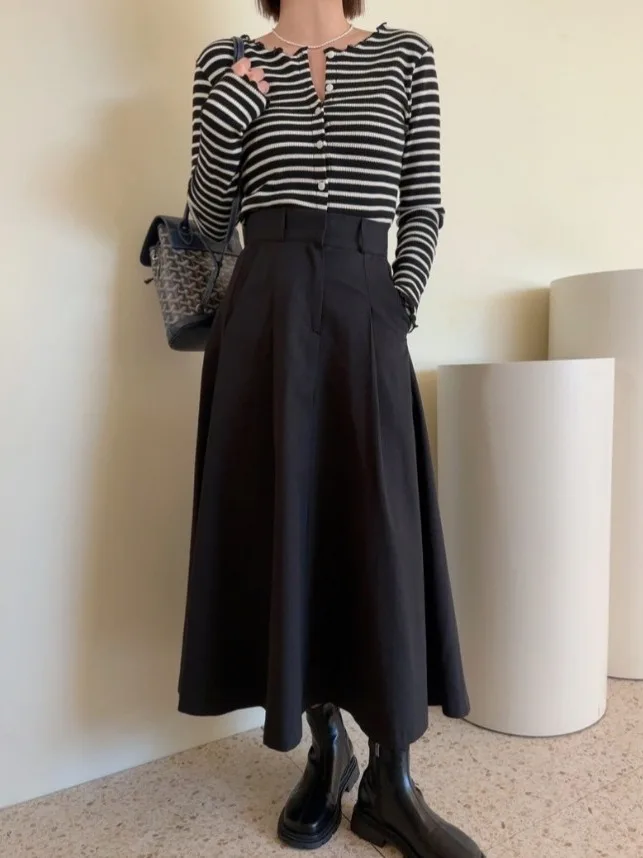 High Waist A-Line Midi Skirt Women's Khaki Color Half Skirt Korean Style Versatile Large Skirt Loose Elastic Waist