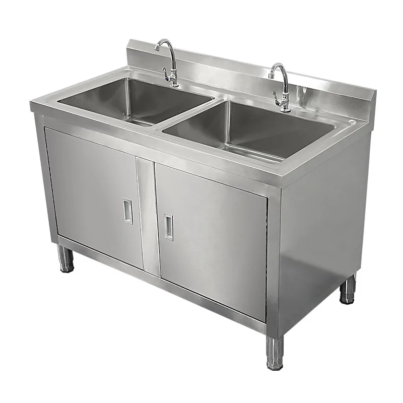 

Commercial Double Pool Drain Bench Stainless Steel Pool Sink Cabinet Double Star Vegetable Sink Hand Dishwasher Operator