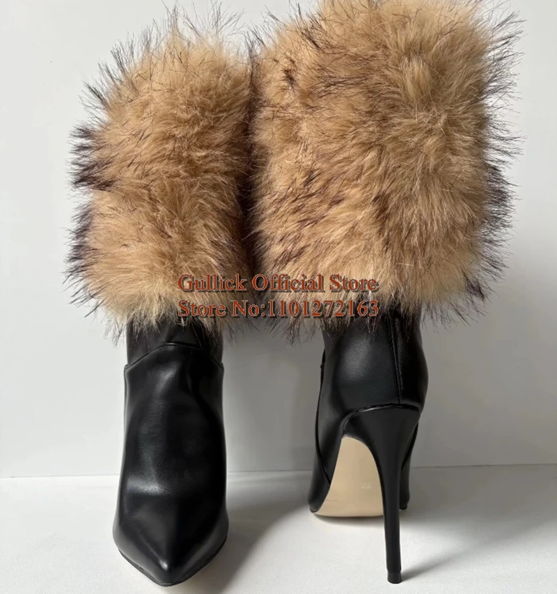 

Новейшие теплые ботинки до середины икры с мехом и острым носком, черные кожаные ботинки высшего качества без шнуровки, женские ботинки на высоком каблуке-шпильке, большой размер 47