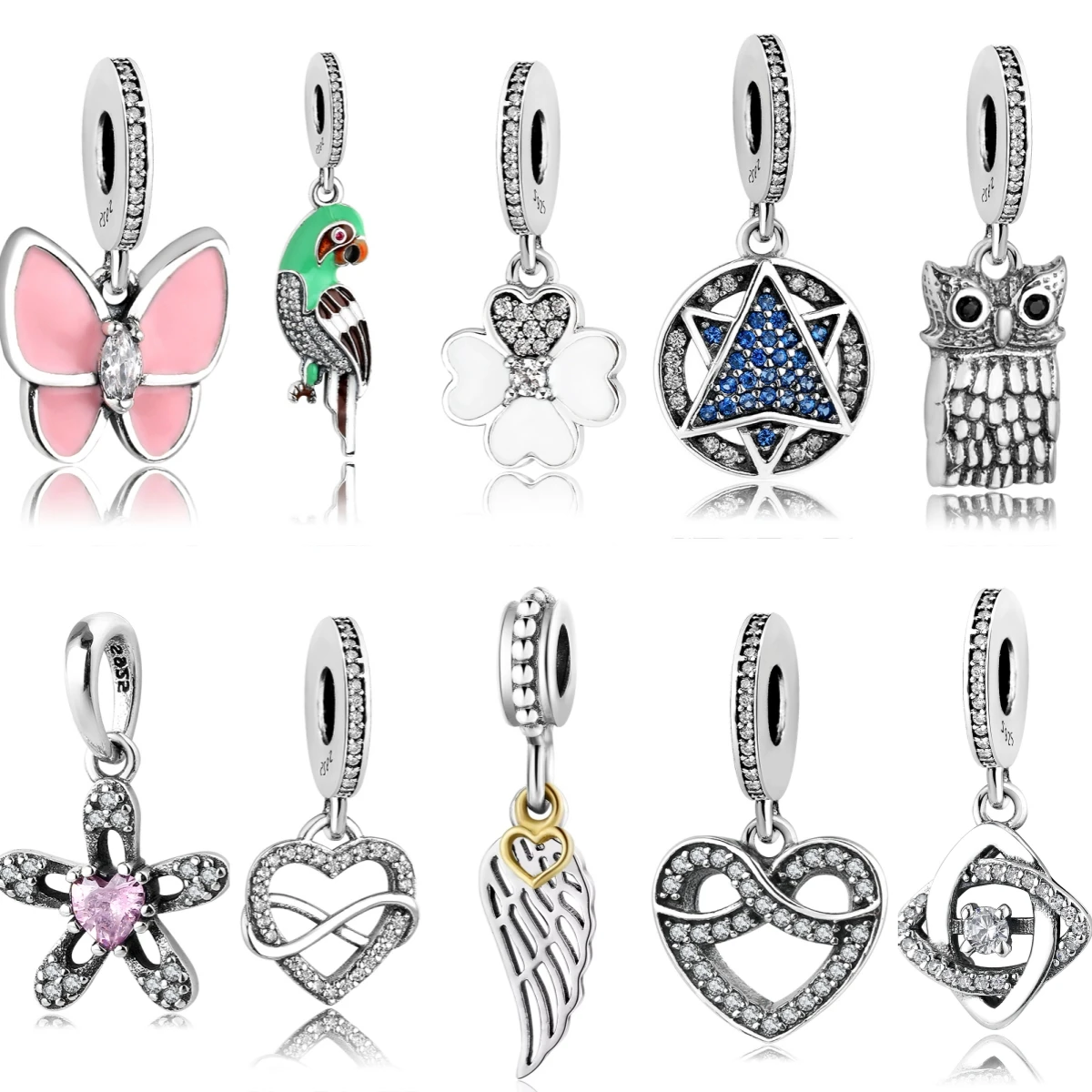 

KATAOKA 925 Sterling Silver Pink Butterfly Clover Feather Zircon Heart Charm Bead Fit Original Bracelet Diy Jewelry Accessories