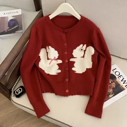 Red round neck contrast color sweater rabbit bow retro chic loose top autumn and winter jacquard knitted cardigan women