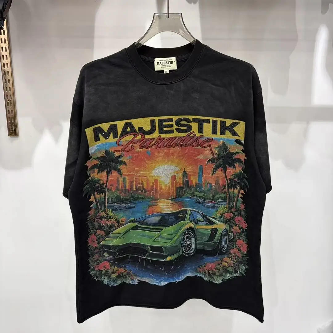 Majestik Paradise Supercar Miami Sunset Graphic T-Shirt Vintage Washed Rhinestone Print Streetwear Oversized Cotton Tee Men