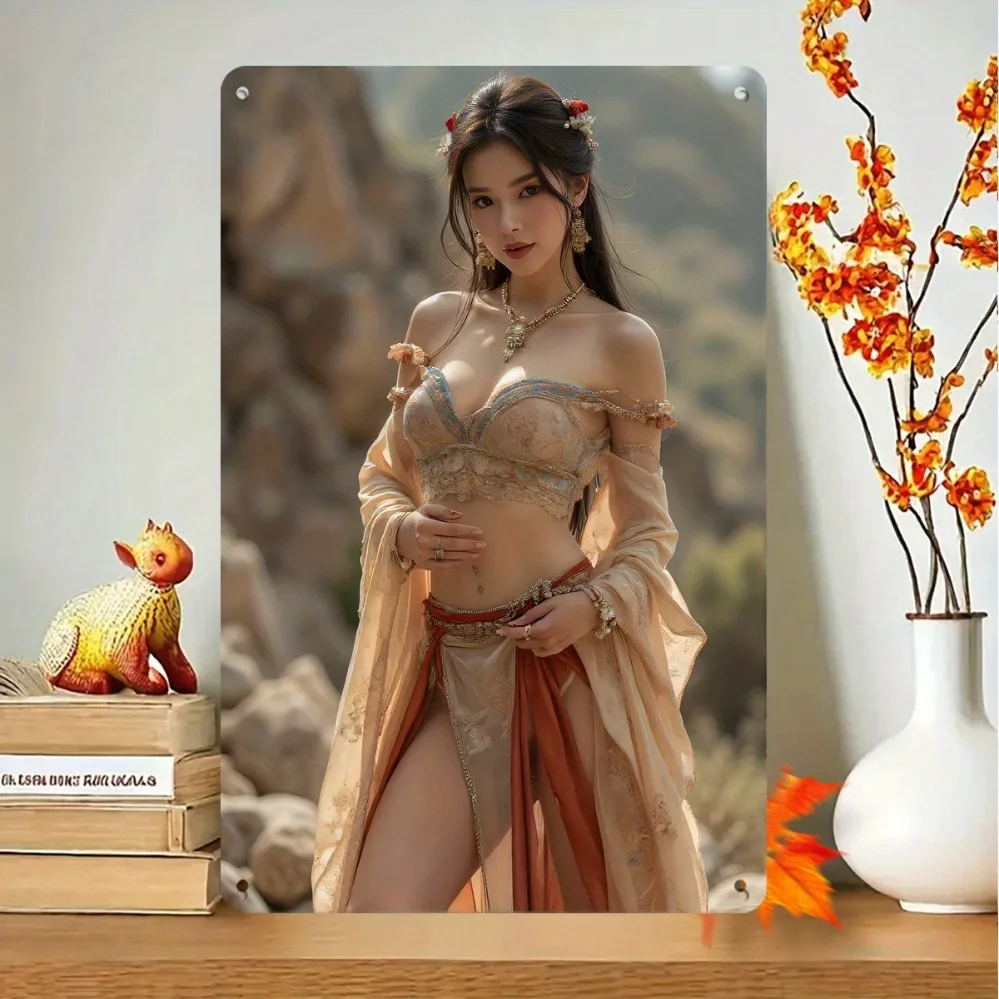 Vintage Exotic Asian Woman Metal Tin Sign - Retro Fantasy Girl with Long Dark Hair in Beige Sheer Off-Shoulder Outfit & Gold Jew