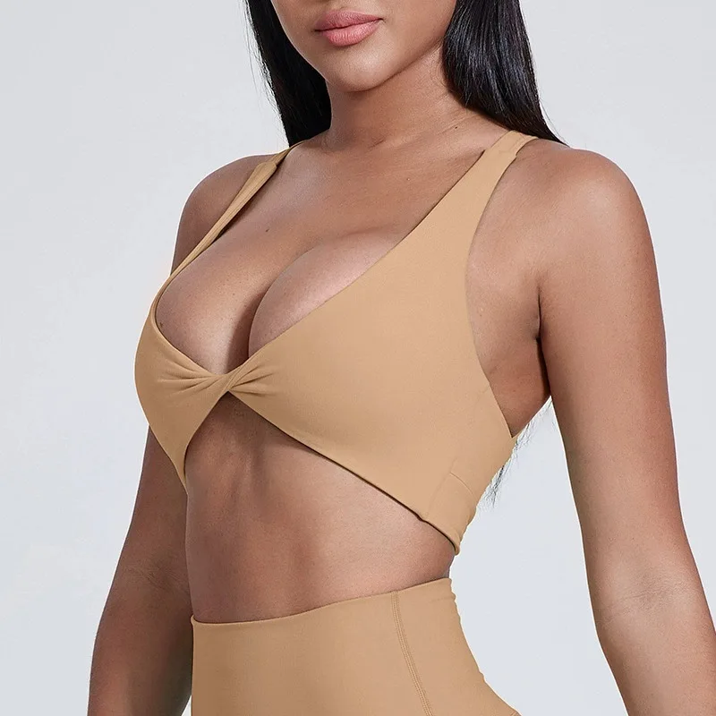 Sexy soft tight Front folds solid color Women cross back Fitness sports Bra Beautiful back with Chest Pad Comprehensive Training