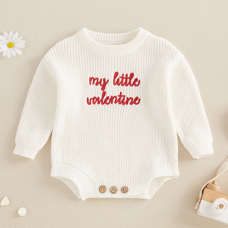 Valentine s Day Heart Print Knit Sweater Romper with Round Neck and Long Sleeves for Baby Girls and Boys