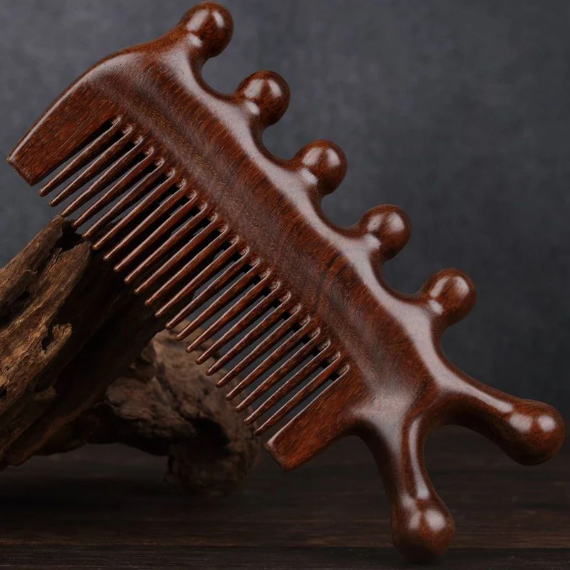 Peine de masaje meridiano 3 en 1, peine de cabeza de punta de madera sin mango de cinco dientes, peine de sándalo de dientes anchos, peine de cabeza de masaje